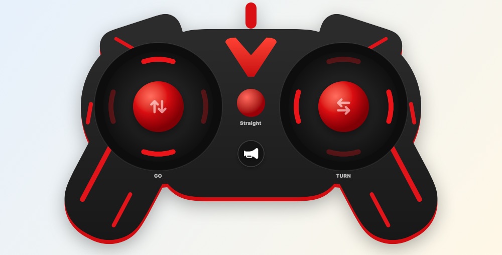 El mando Joysticks de Spiky RC: un mando de consola negro y rojo con una palanca para avanzar a la izquierda y otra para girar a la derecha